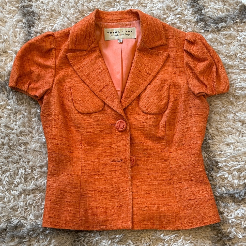TRINA TURK Raw Silk Blazer | Burnt Orange | Sz 10 | Puff Sleeve